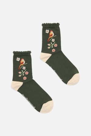 Princess Highway - Apple Blossom Bird Sock - olive
