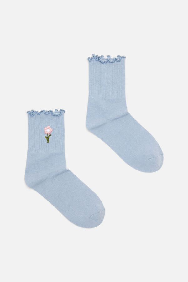 Princess Highway - Blue Embroidered Daisy Sock - pale-blue