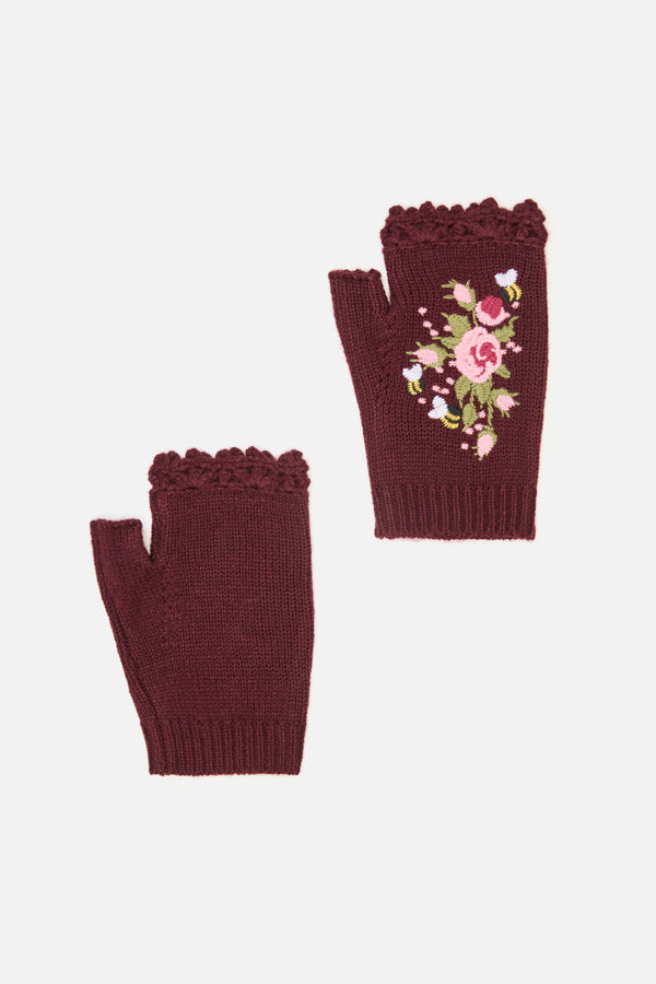 Princess Highway - Flower & Bee Fingerless Gloves - plum