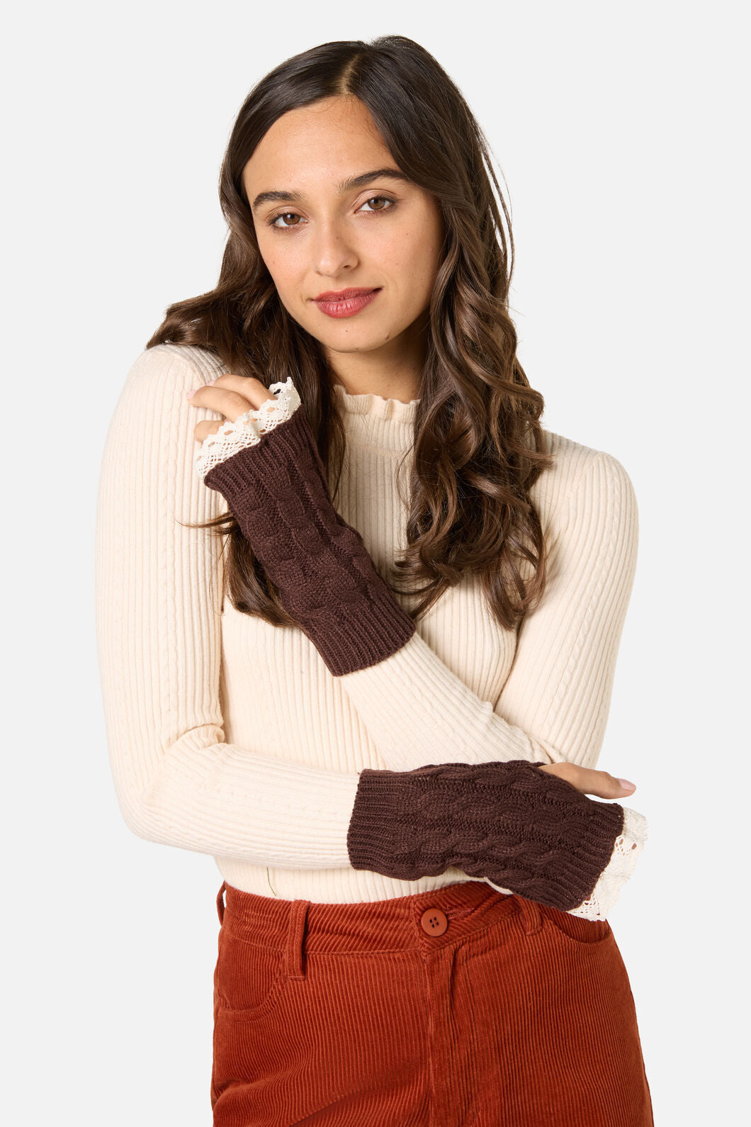 Princess Highway - Fingerless Lace Trim Gloves - chocolate