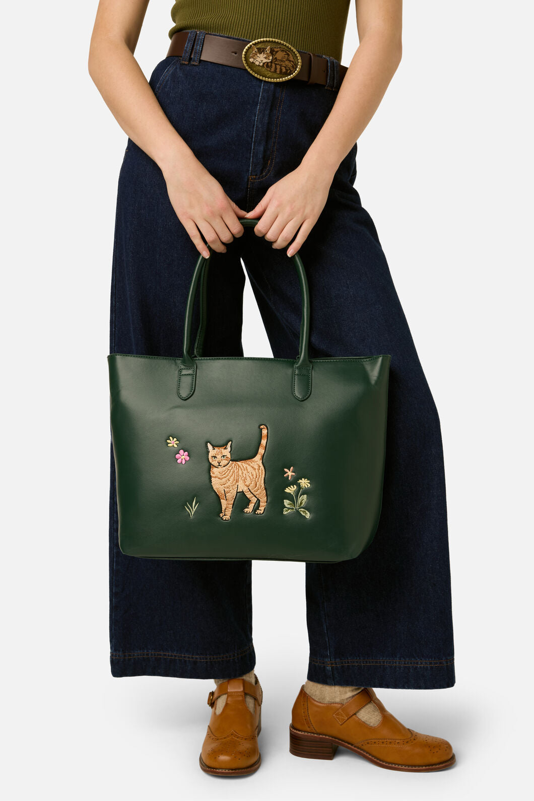 Princess Highway - Cute Cat Embroidered Tote - green