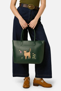 Princess Highway - Cute Cat Embroidered Tote - green