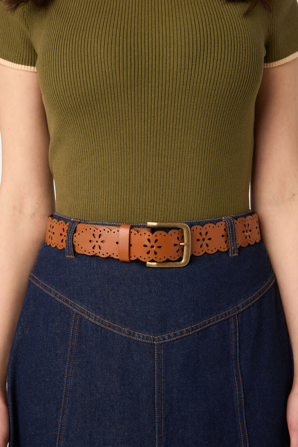Princess Highway - Floral Punched Leather Belt - tan
