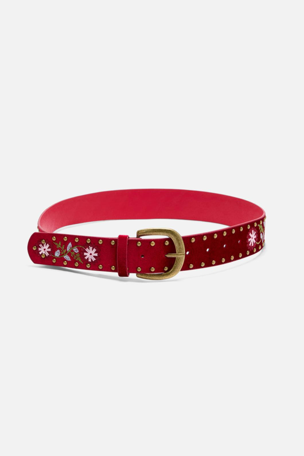 Princess Highway - Red Embroidered Velvet Belt - dark-red