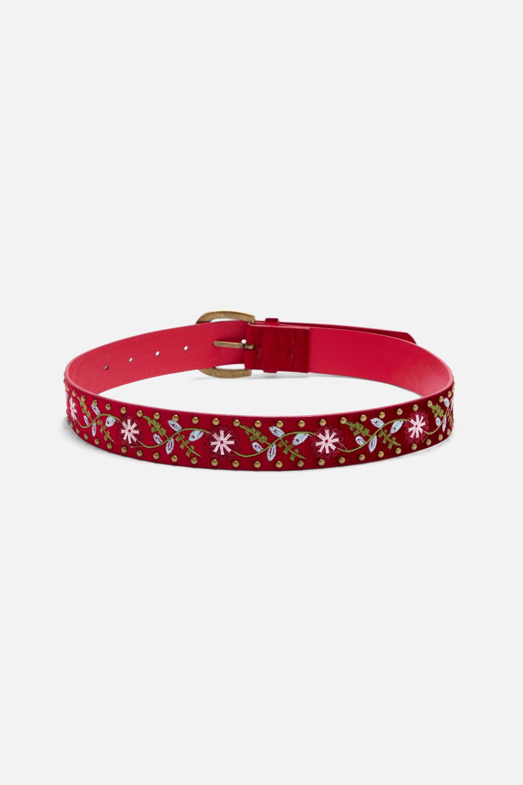 Princess Highway - Red Embroidered Velvet Belt - dark-red
