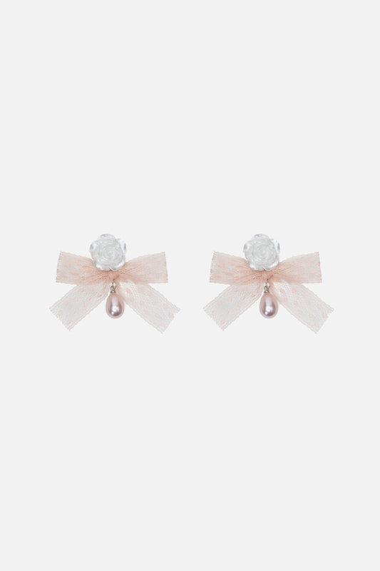 Princess Highway - Bow Rose & Pearl Earrings - white