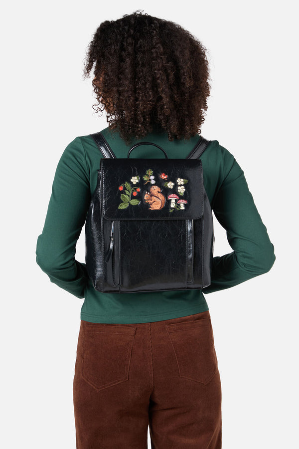 Princess Highway - Squirrel Embroidered Backpack - black