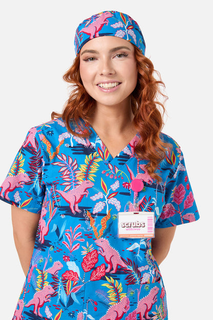 Scrubs With Love - DINO FOREST SCRUB HAT - blue