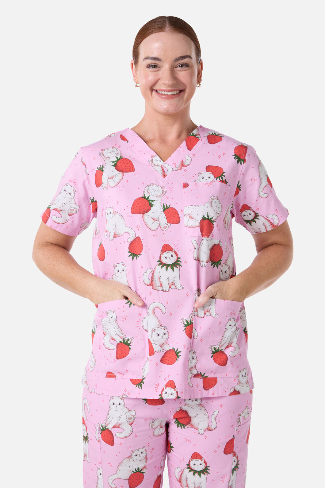 Scrubs With Love - Strawberry Cats Scrub Set - pink