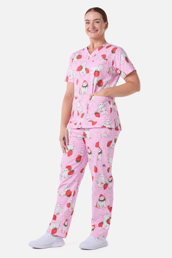 Scrubs With Love - Strawberry Cats Scrub Set - pink