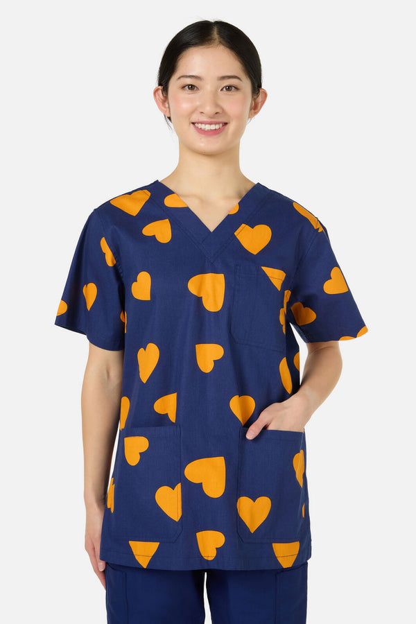Scrubs With Love - Orange Hearts Top & Pant Scrub Set - navy