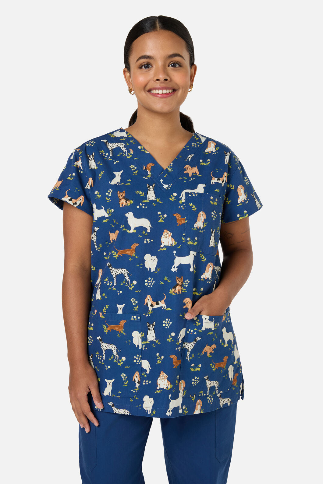 Scrubs With Love - Cute Dogs Top & Pant Scrub Set - navy