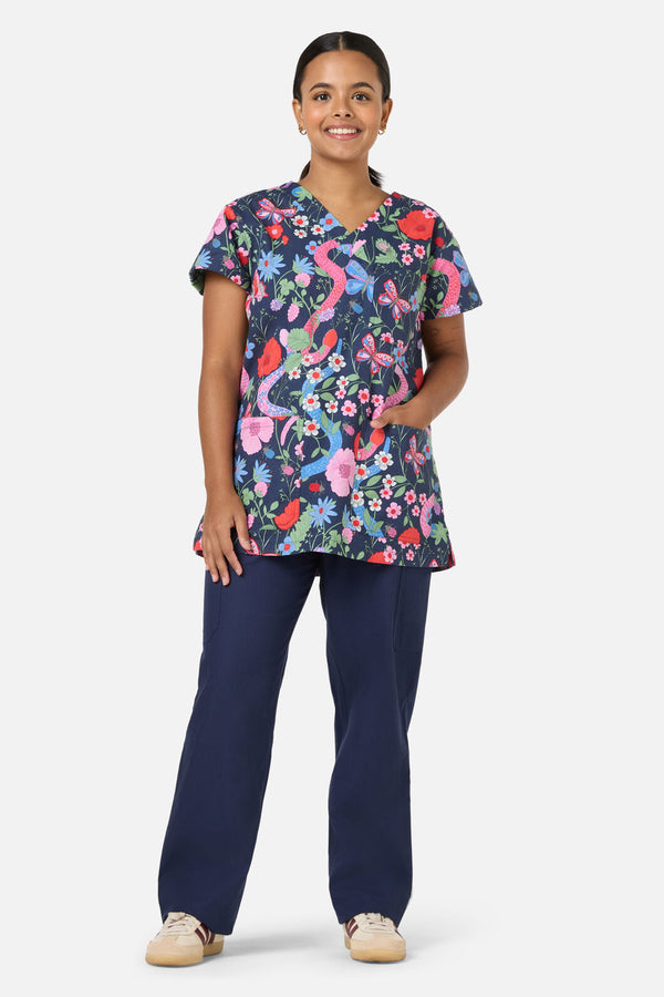 Scrubs With Love - Snakes & Flora Top & Pant Scrubs - navy