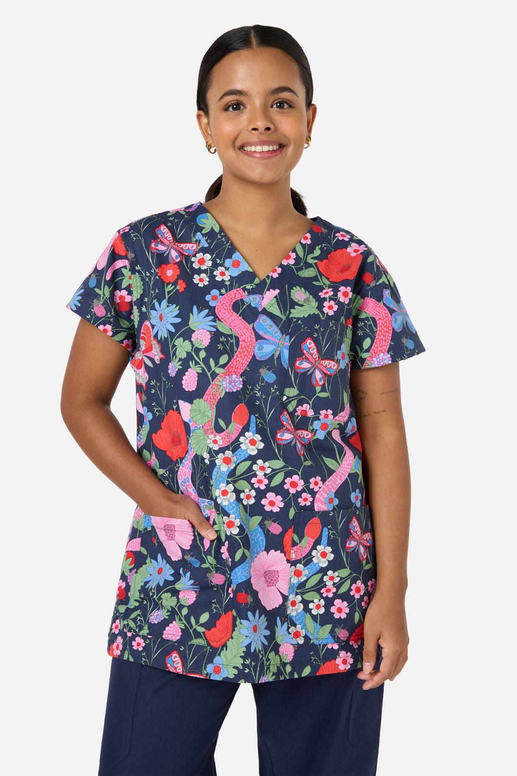 Scrubs With Love - Snakes & Flora Top & Pant Scrubs - navy