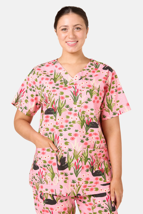 Scrubs With Love - Pretty Swans Scrub Set - pink