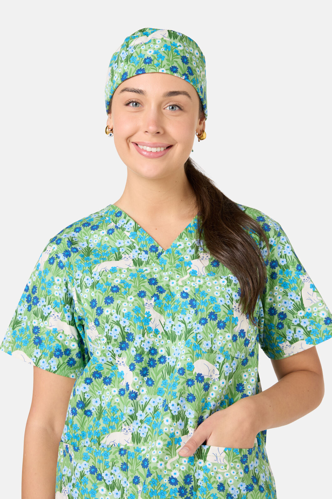 Scrubs With Love - Flower Cats Scrub Hat - green