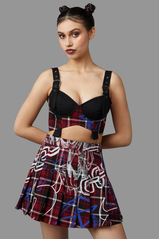 Black Friday - Tag Tartan Corset Top - black-red
