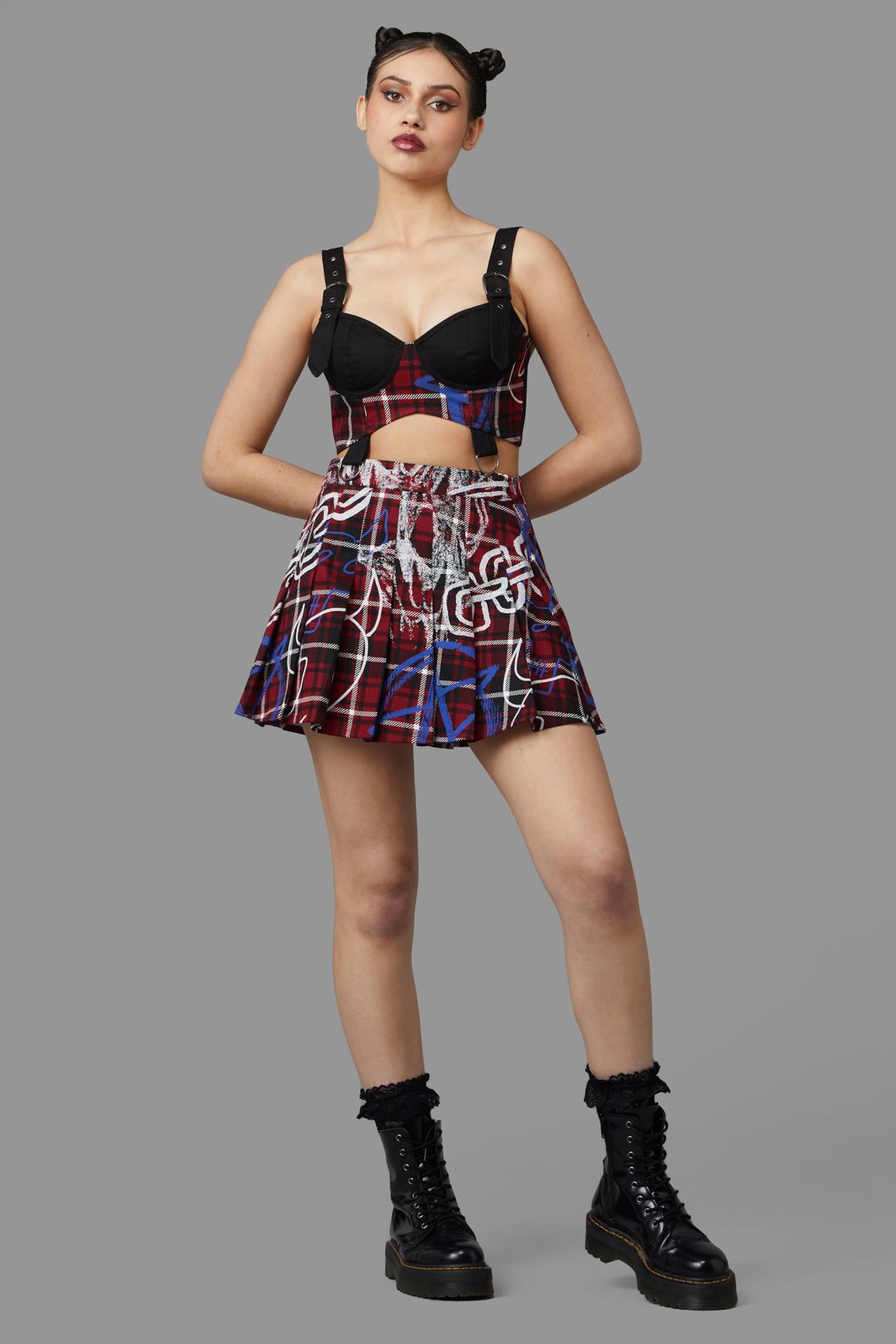 Black Friday - Tag Tartan Corset Top - black-red
