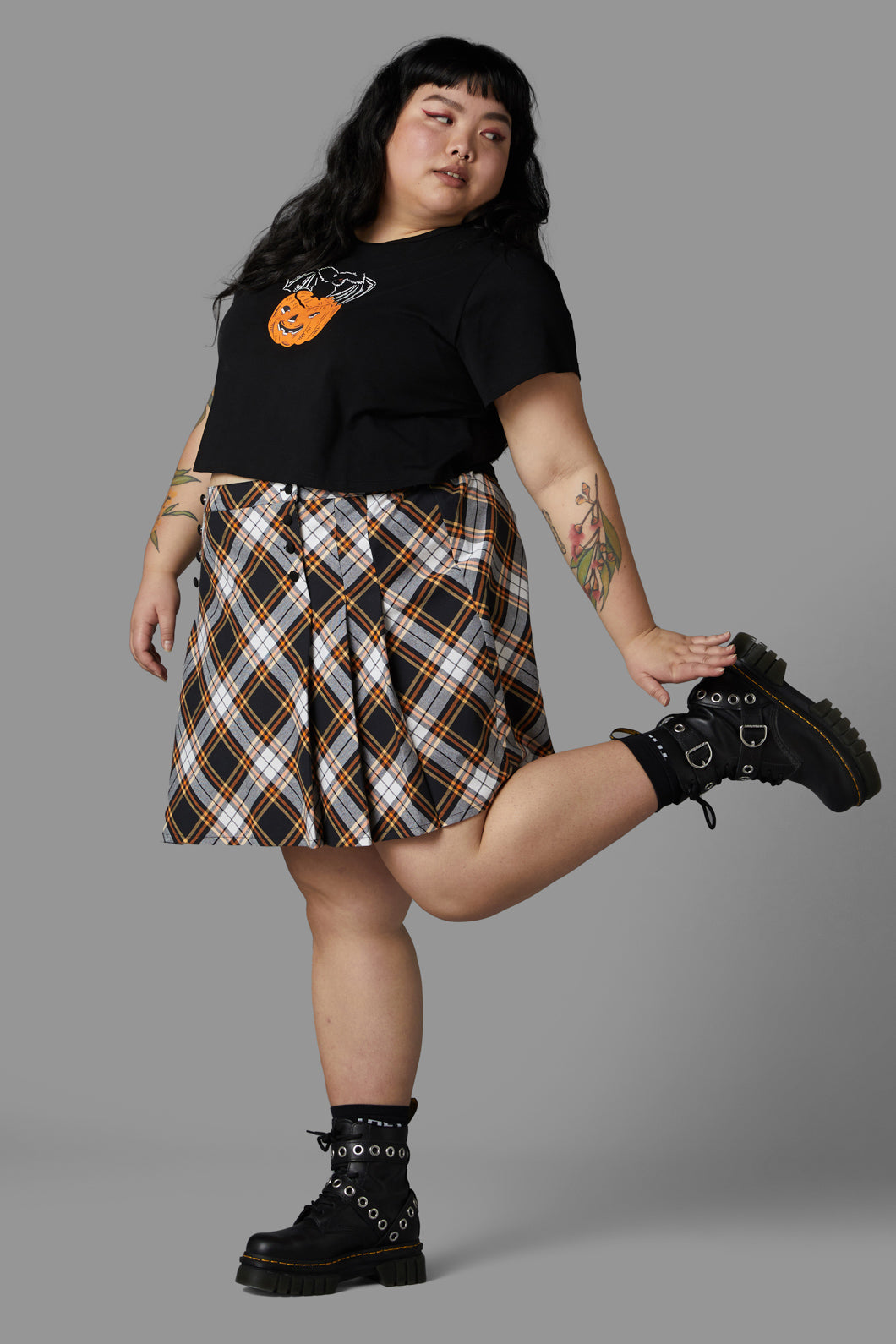 Black Friday - Curve Pumpkin Tartan Skirt - black-orange