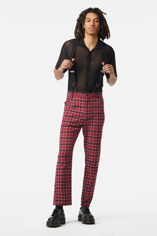 Dangerfield - Revenge Tartan Brace Trousers - maroon