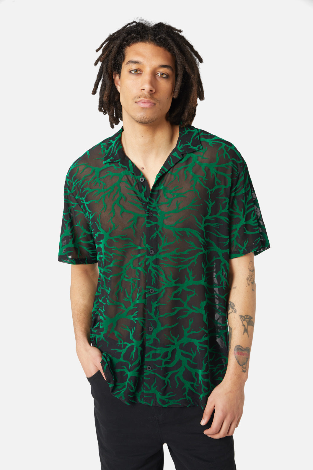 Dangerfield - Neglected Flocked Mesh Short Sleeve Shirt - black