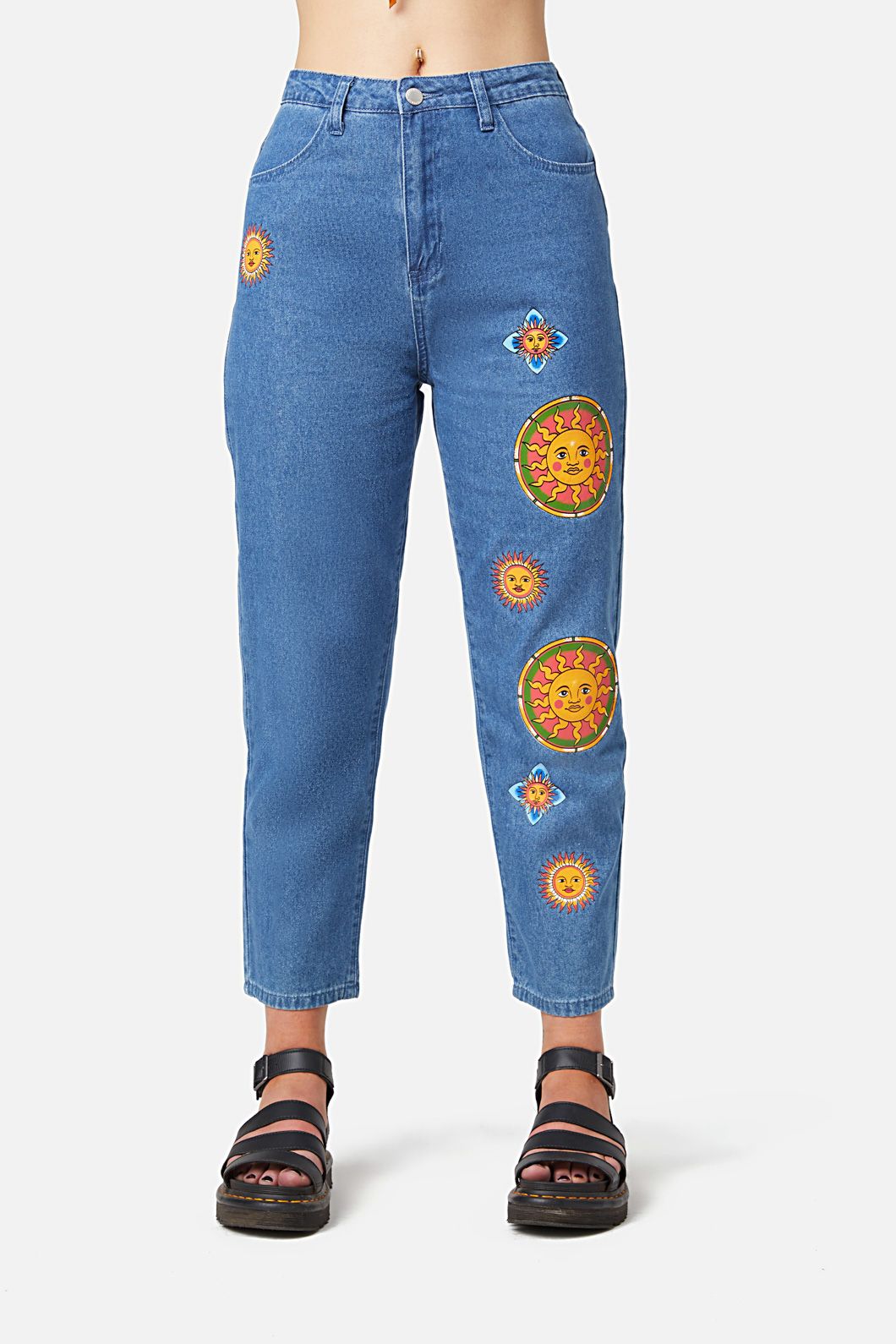 Moon Planet Stars Print Relaxed Jeans Womens Hippie Summer Loose