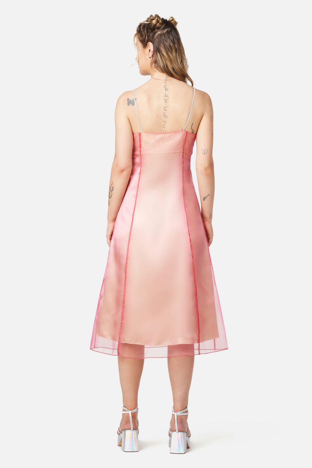 holographic sheer dress Dawn | I love this holographic PVC dress I bought, and paired it with a sheer top with trumpet sleeves (also a purchased garment). I just need