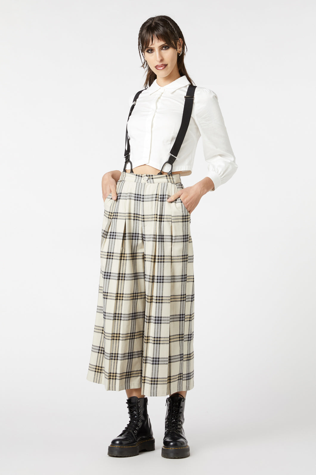 Dangerfield - Crescent Tartan Pleated Culottes - beige