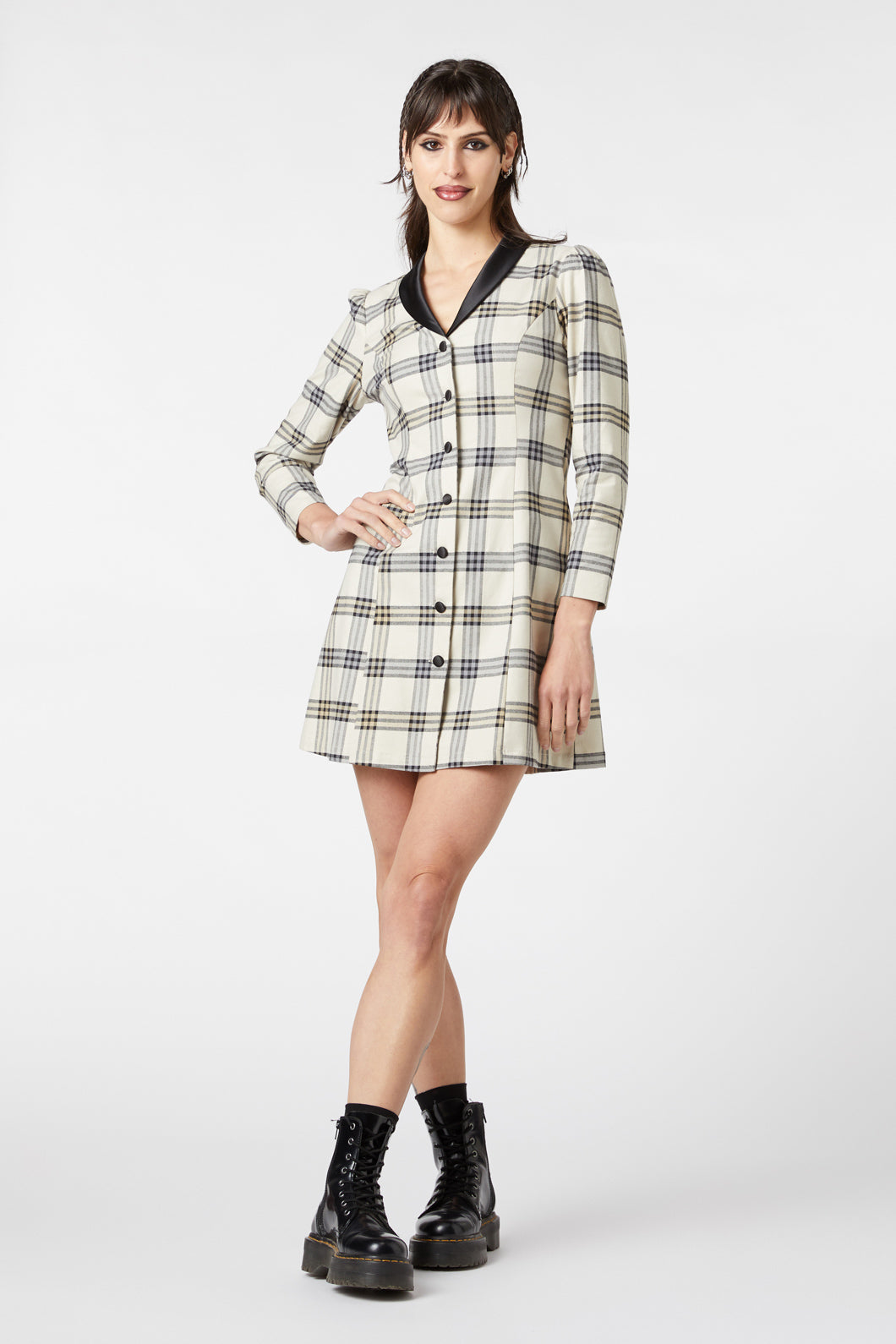 Dangerfield - Crescent Tartan Long Sleeve Dress - beige