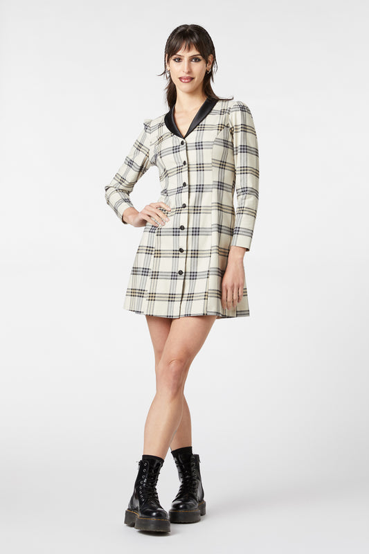Dangerfield - Crescent Tartan Long Sleeve Dress - beige