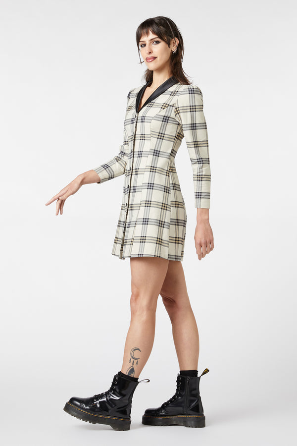 Dangerfield - Crescent Tartan Long Sleeve Dress - beige