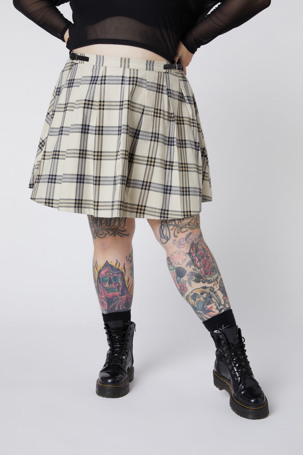 Dangerfield - Curve Crescent Tartan Pleat Skirt - beige
