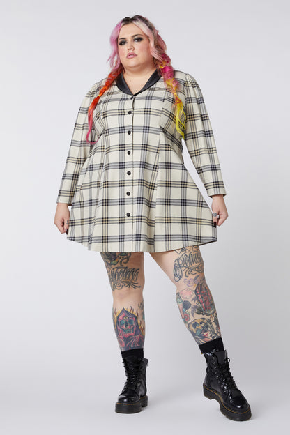 Dangerfield - Curve Crescent Tartan Long Sleeve Dress - beige