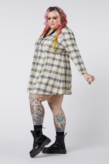 Dangerfield - Curve Crescent Tartan Long Sleeve Dress - beige
