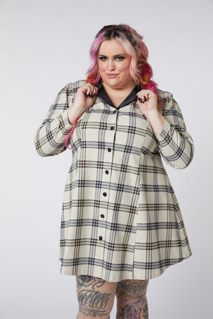Dangerfield - Curve Crescent Tartan Long Sleeve Dress - beige