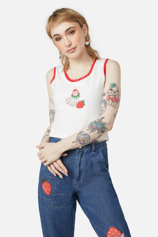 Dangerfield - Strawberry Kisses Lace Edge Tank - cream