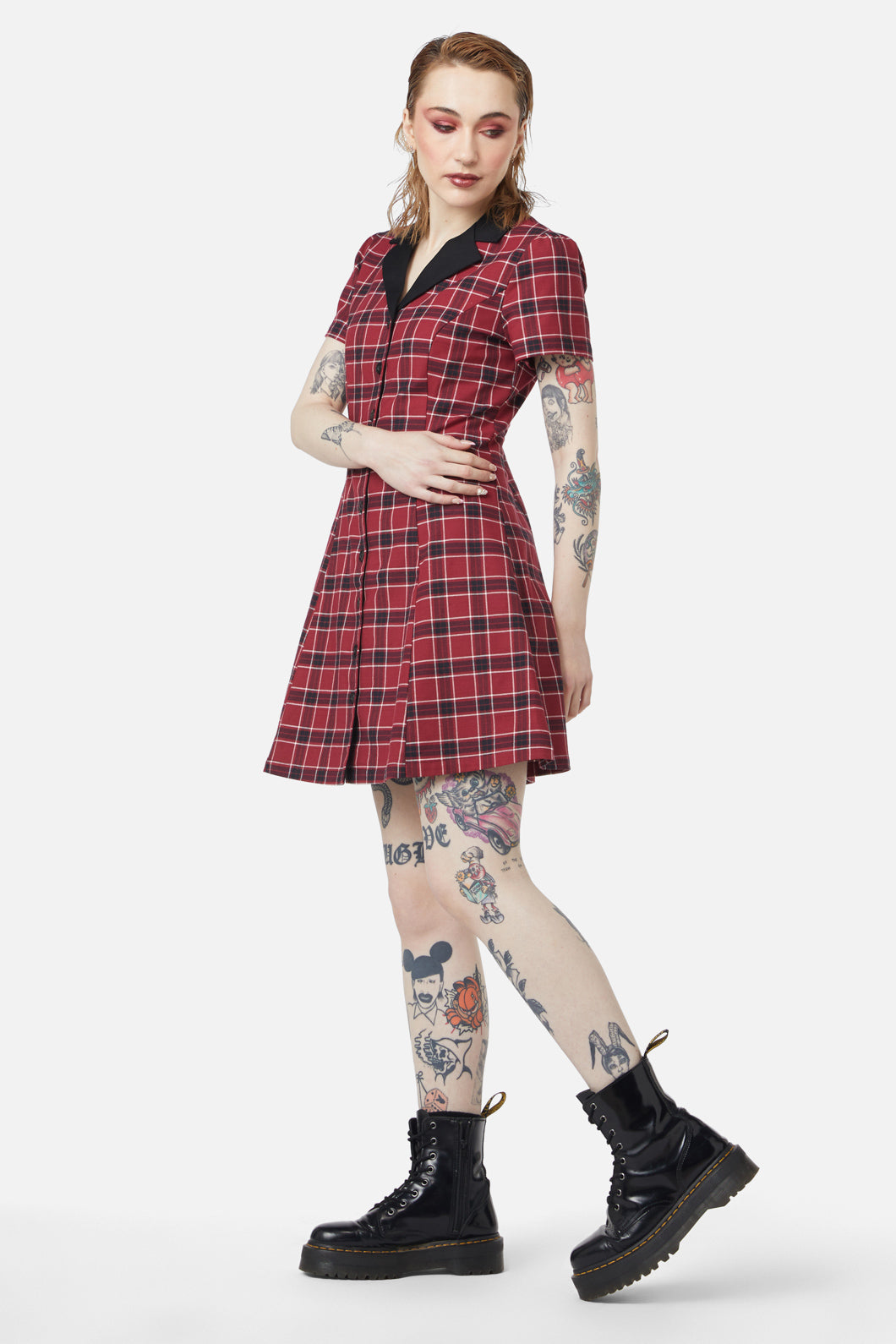 Dangerfield - Revenge Tartan Collar Dress - maroon