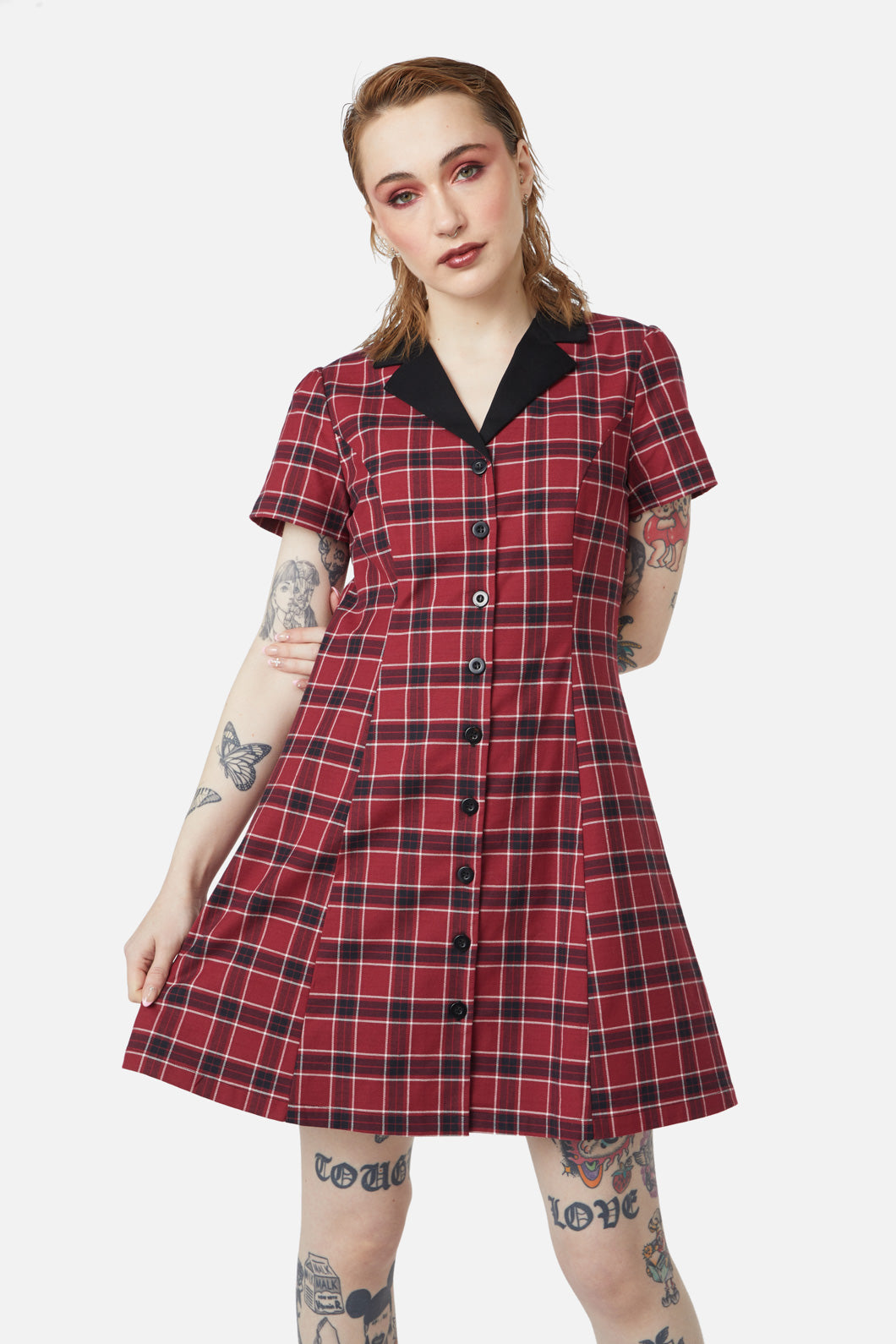 Dangerfield - Revenge Tartan Collar Dress - maroon