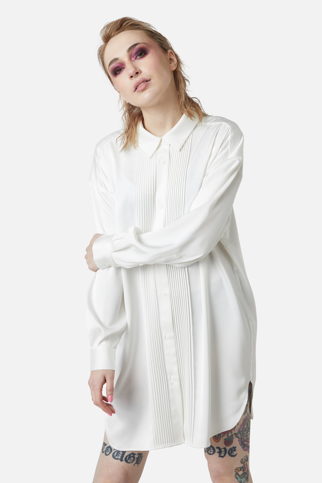 Dangerfield - Satin Tux Shirt Dress - cream