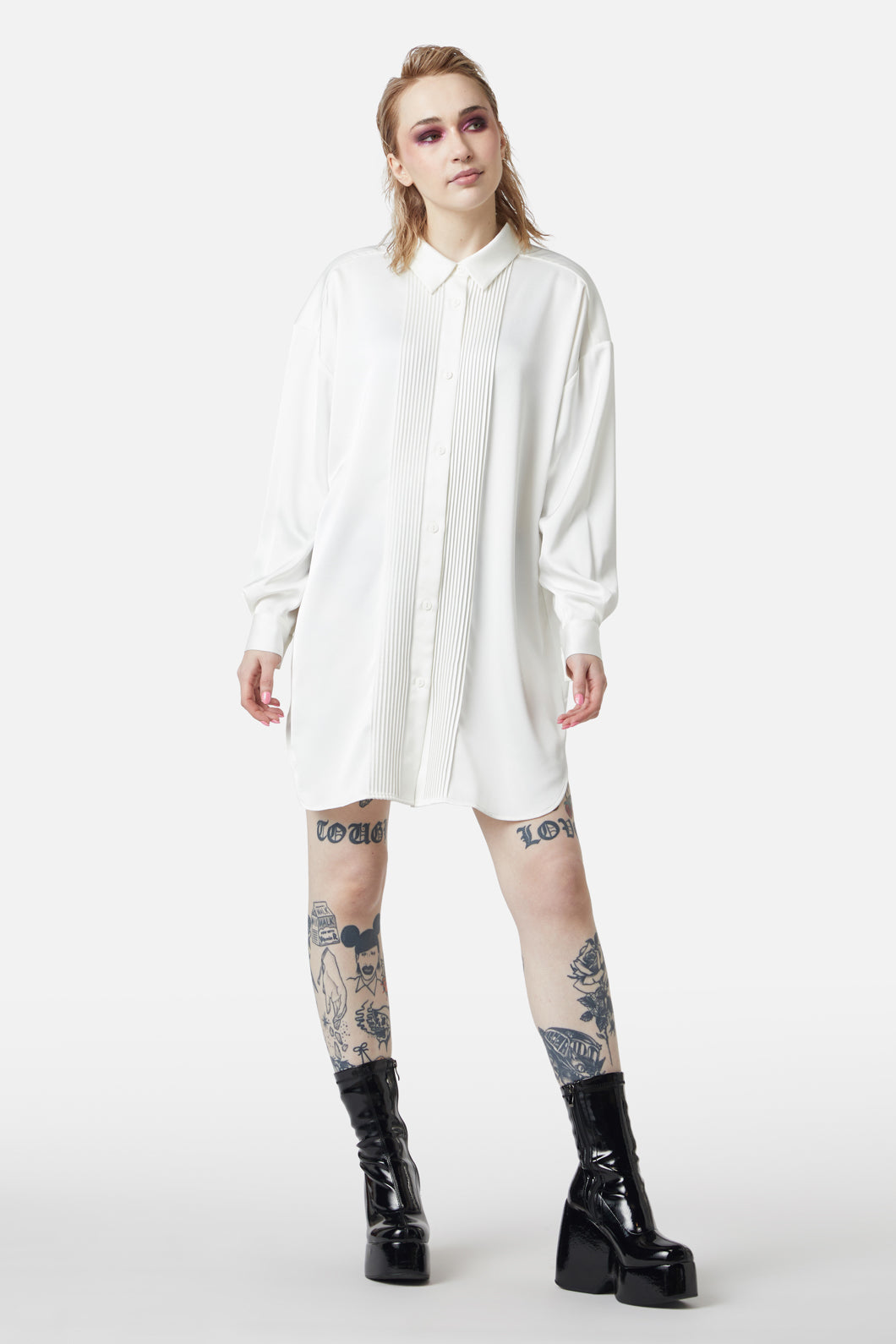 Dangerfield - Satin Tux Shirt Dress - cream