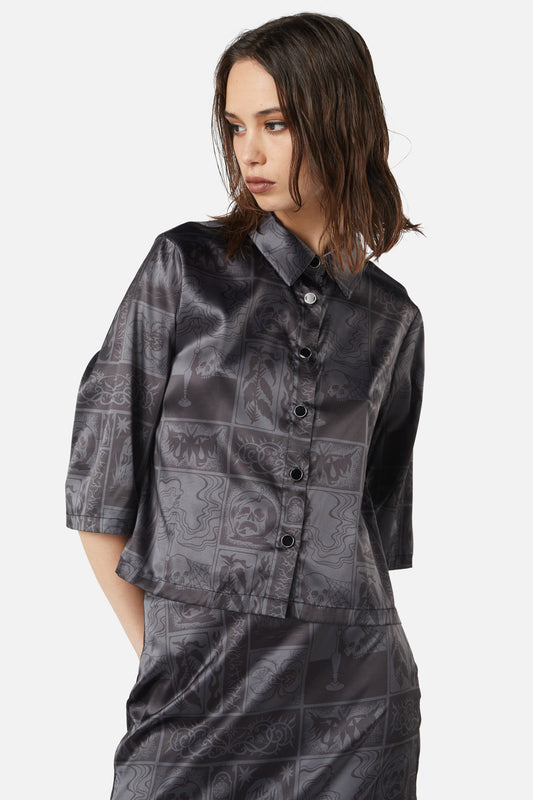 Dangerfield - Ruined Mansion Satin Brocade Blouse - black-grey