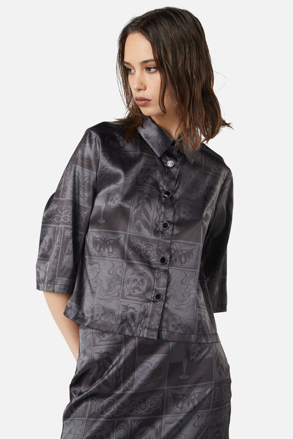 Dangerfield - Ruined Mansion Satin Brocade Blouse - black-grey