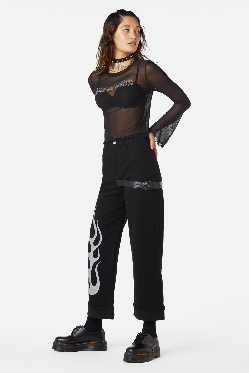 Dangerfield - Diamante Leave Me Alone Mesh Flare Sleeve Top - black