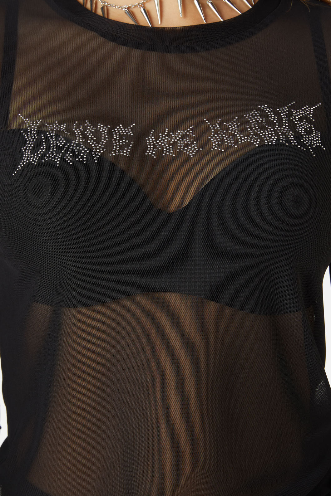 Dangerfield - Diamante Leave Me Alone Mesh Flare Sleeve Top - black