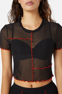 Dangerfield - Manic Short Sleeve Babylock Mesh Top - black-red