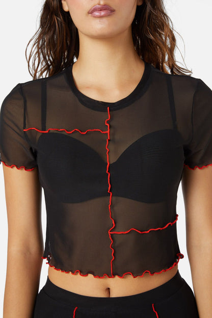 Dangerfield - Manic Short Sleeve Babylock Mesh Top - black-red