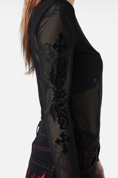 Dangerfield - Hail Lilith Flocked Mesh Top - black