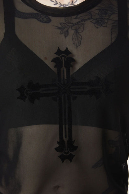 Dangerfield - Hail Lilith Flocked Mesh Top - black