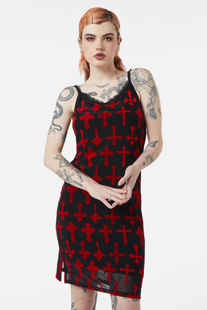 Dangerfield - Vowed Flocked Mesh Dress - red
