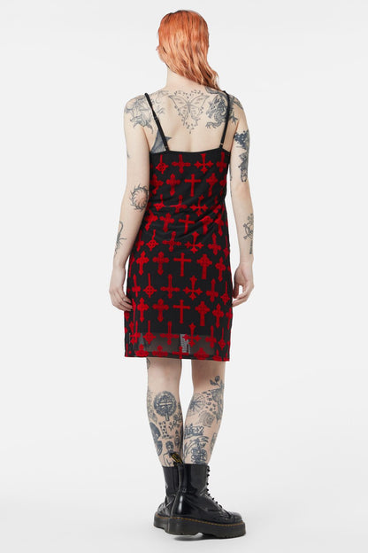 Dangerfield - Vowed Flocked Mesh Dress - red